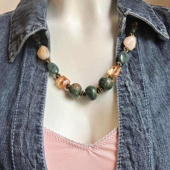 Gemstone Necklace Bohemian Necklace Agate Stone Wood Crystal Necklace Handmade - Picture 2 of 11